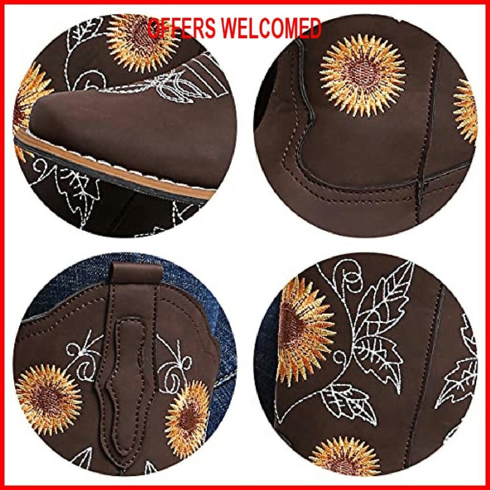 Women's Mid Calf Cowboy Boots Sunflower Embroidery Low Heel Square Toe - Picture 5 of 8